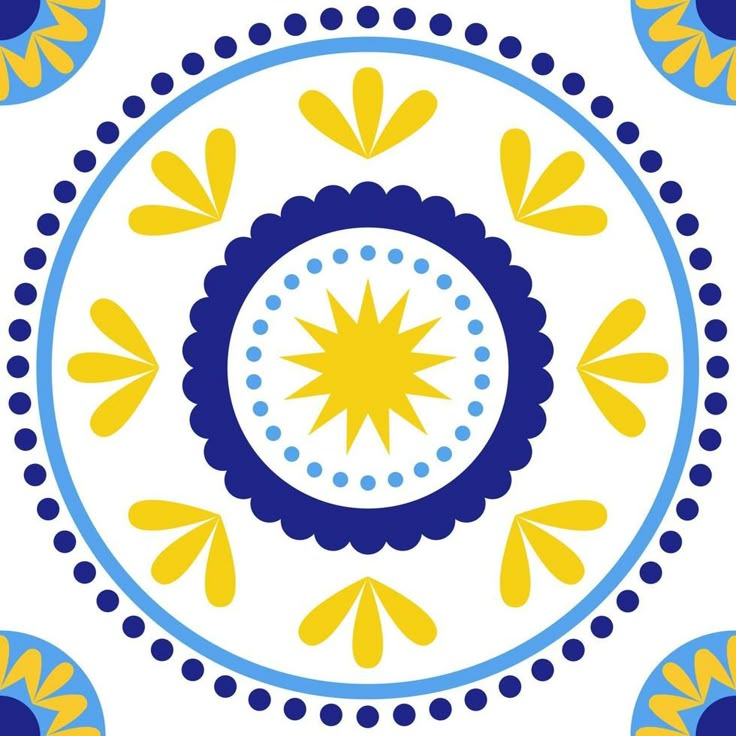 a blue and yellow circular design on a white background