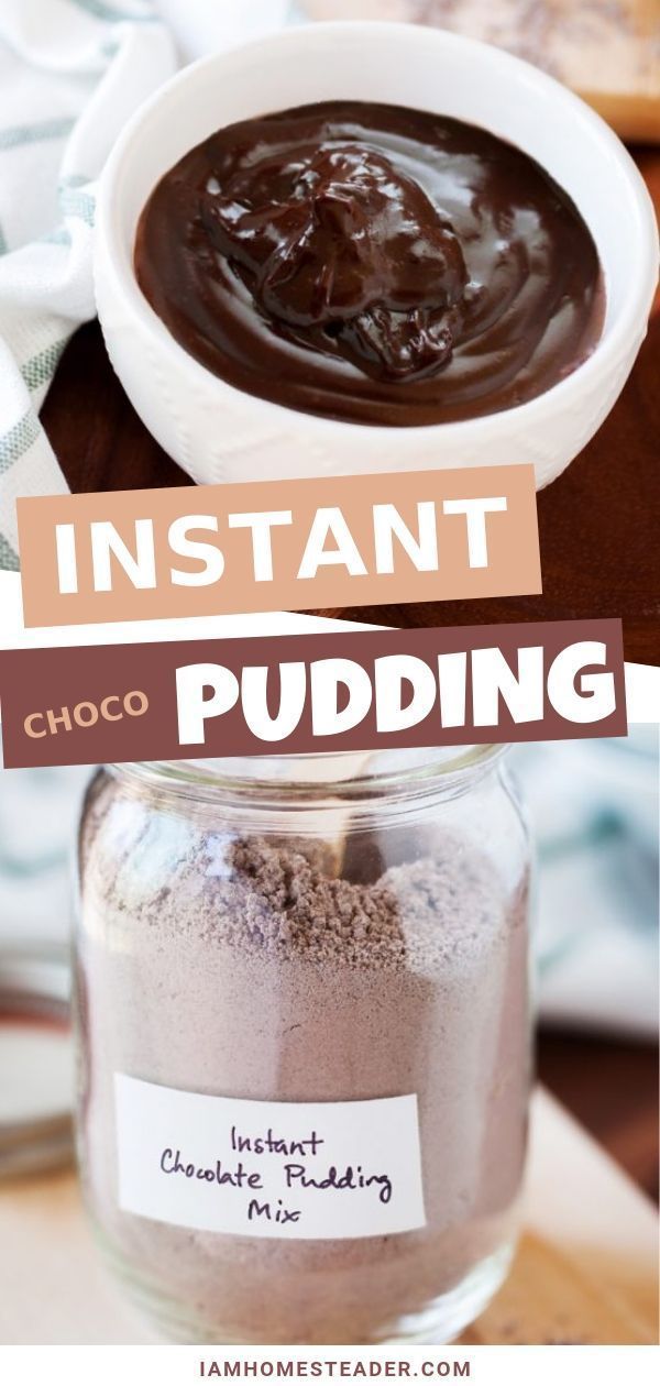 chocolate pudding in a jar with text overlay that says instant pudding choco custard