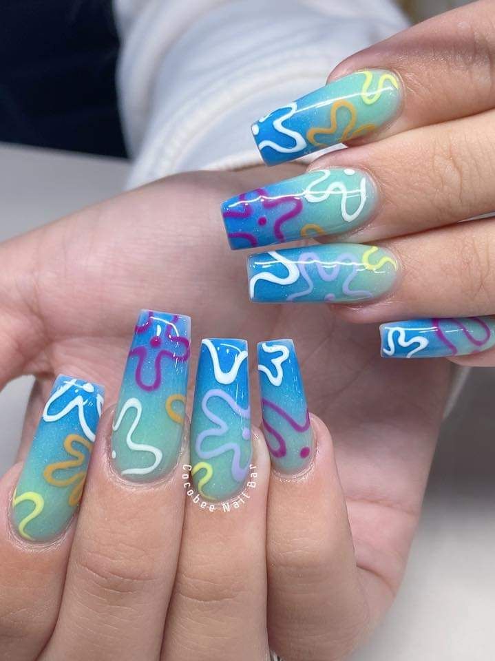 80 Nails Design, Patrick Nails Spongebob, Spongebob Inspired Nails, Spongebob Sky Nails, Funky Nail Designs Acrylics, Spongebob Themed Nails, Nail Spongebob, Rolling Loud Nails, Patrick Star Nails