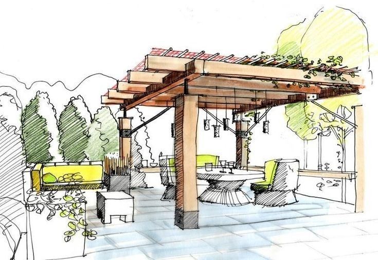 an artistic rendering of a patio with seating and pergolated arbors on the side