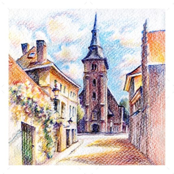 Old Bruges Street Witn Church, Belgium Belgium Drawing, Drawing With Colored Pencils, Color Pencil Illustration, Crayon Drawings, Urban Sketch, Colored Pencil Artwork, Pen Art Drawings, Medieval Houses, Flower Art Drawing