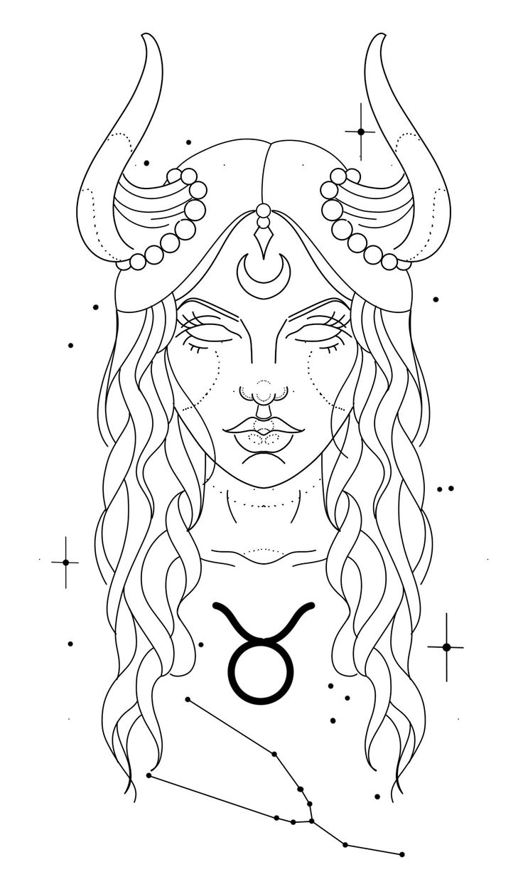 the zodiac sign for tau is depicted in this black and white drawing, with long curly hair