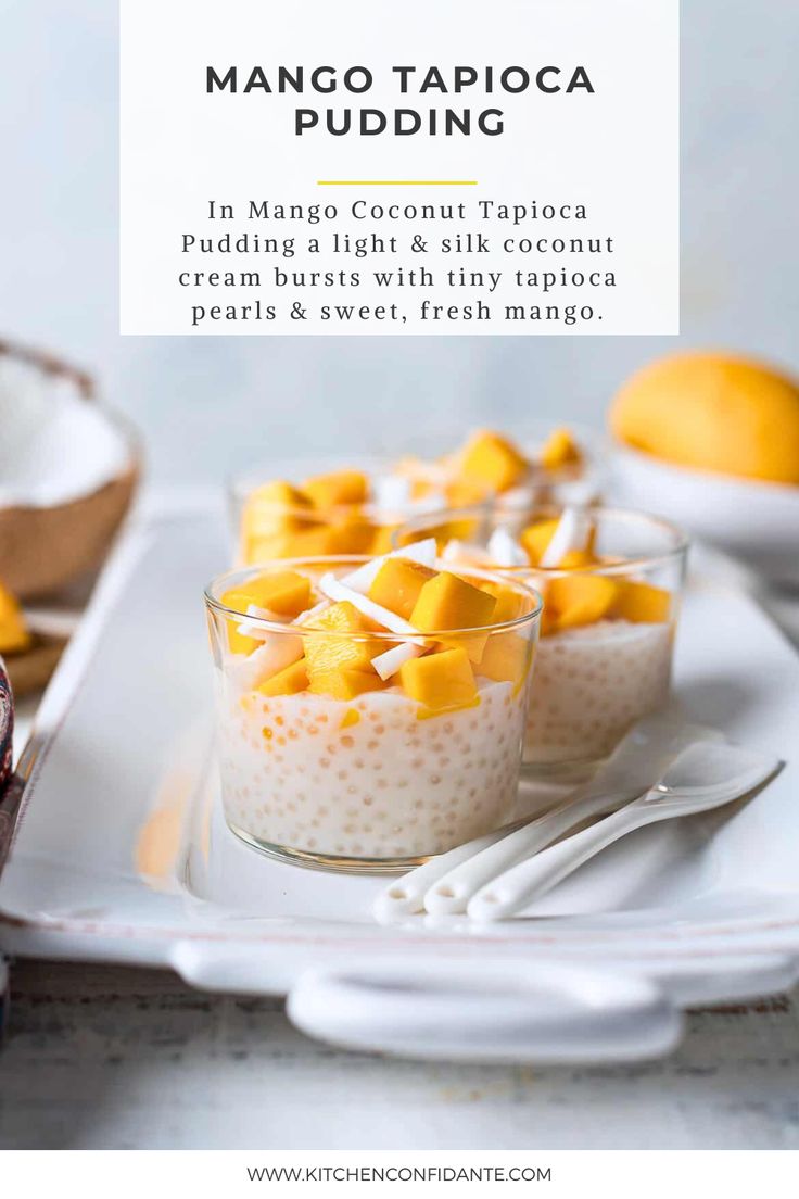 Mango Coconut Tapioca Pudding in 4 glasses. Mango And Sticky Rice, Coconut Sago, Sago Pudding Recipe, Coconut Tapioca Pudding, Lemon Posset Recipe, Tapioca Dessert, Coconut Tapioca, Sago Pudding, Tapioca Recipes