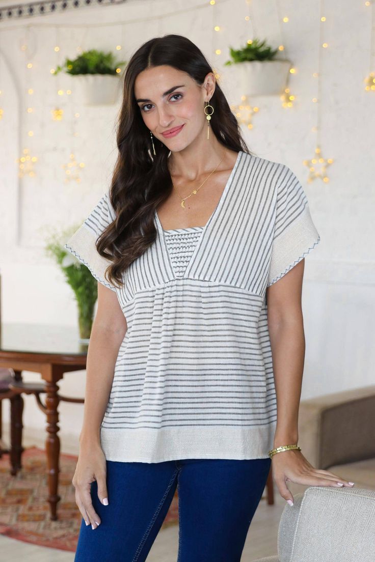 Horizontal and vertical stripes pack a visual punch on this breezy blouse from India's Jay Kumar Maheswari. Crafted from 100% cotton, the hand-woven blouse features a v-neckline, short sleeves, and loose, comfortable fit. The semi-sheer blouse is lined with white cotton and beautifully accented with golden Lurex on the sleeve and bottom hemlines. A hand-embroidered zigzag pattern along the cuffs finishes the blouse in style. Strip Blouse, Zigzag Pattern, Cotton Sundress, Cotton Kimono, Cotton Blouse, Pattern Mixing, Vertical Stripes, Cotton Jacket, Woven Cotton