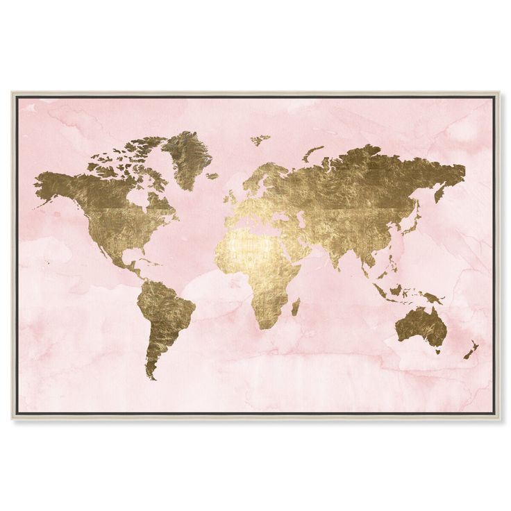 a pink and gold world map on paper