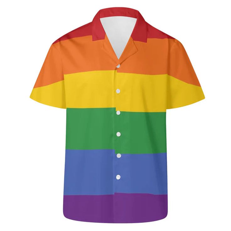 Introducing our Rainbow LGBT Pride Striped Hawaiian Button-Up Shirt, a vibrant and inclusive garment designed to celebrate diversity and unity within the LGBTQ+ community. Crafted from high-quality fabric, this shirt offers both comfort and style. The colorful rainbow stripes symbolize LGBTQ+ pride and inclusivity, making a bold statement wherever you go. With its relaxed fit and Hawaiian button-up style, this shirt is perfect for pride events, beach parties, or casual outings, allowing you to e Multicolor Relaxed Fit Collared Shirt, Rainbow Print Tops For Pride, Casual Multicolor Tops For Pride, Casual Rainbow Pride Tops, Casual Rainbow Top For Pride, Casual Rainbow Relaxed Fit Top, Pride Multicolor Short Sleeve Tops, Multicolor Short Sleeve Tops For Pride, Colorful Cotton Tops With Rainbow Print