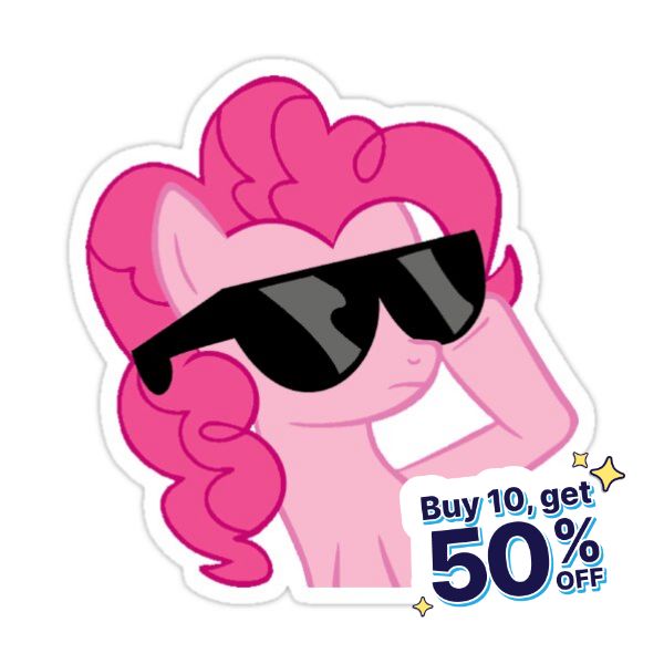 a pink pony with sunglasses on it's head and the words buy 10 get 50 % off