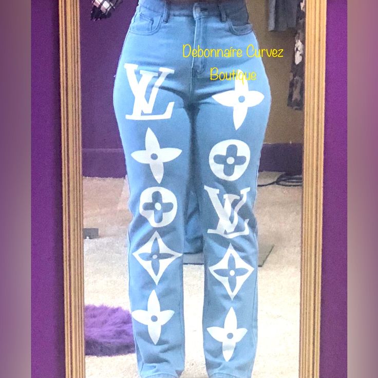 Fitted In The Waist And Hips. 95% Polyester 5% Spandex Fitted Blue Bottoms With Letter Print, Spring Blue Bottoms With Letter Print, Trendy Blue Graphic Print Bottoms, Trendy Blue Bottoms With Graphic Print, Kaws Outfit, 11 Birthday, Blue Y2k, Painted Jeans, 11th Birthday