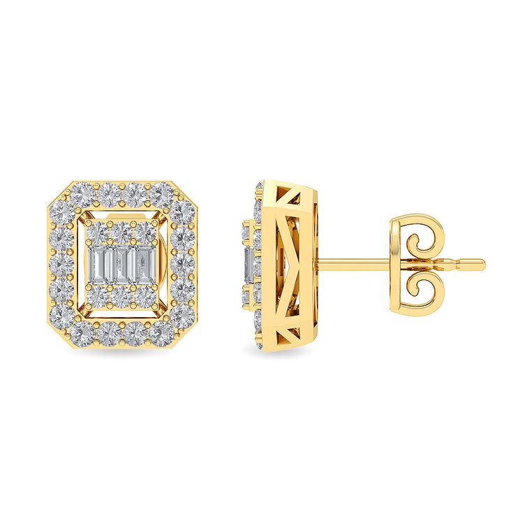 Crafted in 2.4 grams of 14K Gold, the earrings contains 48 stone of Round Natural Diamond with a total of 0.37 carat in G-H color and I1-I2 clarity combined with 6 stone of Baguette Natural Diamond with a total of 0.12 carat in G-H color and I1-I2 clarity. Classic Cluster Earrings With Baguette Diamonds, Classic Gold Diamond Earrings With Baguette Diamonds, Gold Baguette Cut Diamond Earrings With Accents, Classic Gold Diamond Earrings With Baguettes, Classic Gold Baguette Diamond Earrings, 14k Gold Diamond Earrings With Prong Set Baguette Cut, Fine Jewelry Emerald Cut Baguette Diamond Earrings, 14k Gold Baguette Cut Diamond Earrings With Prong Setting, 14k Gold Baguette-cut Diamond Earrings