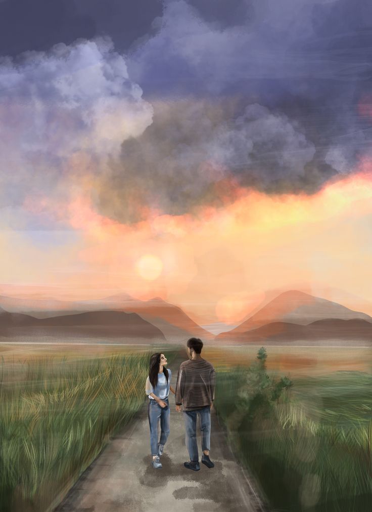 two people walking down a dirt road under a cloudy sky