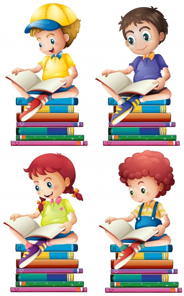 four kids reading books on a white background