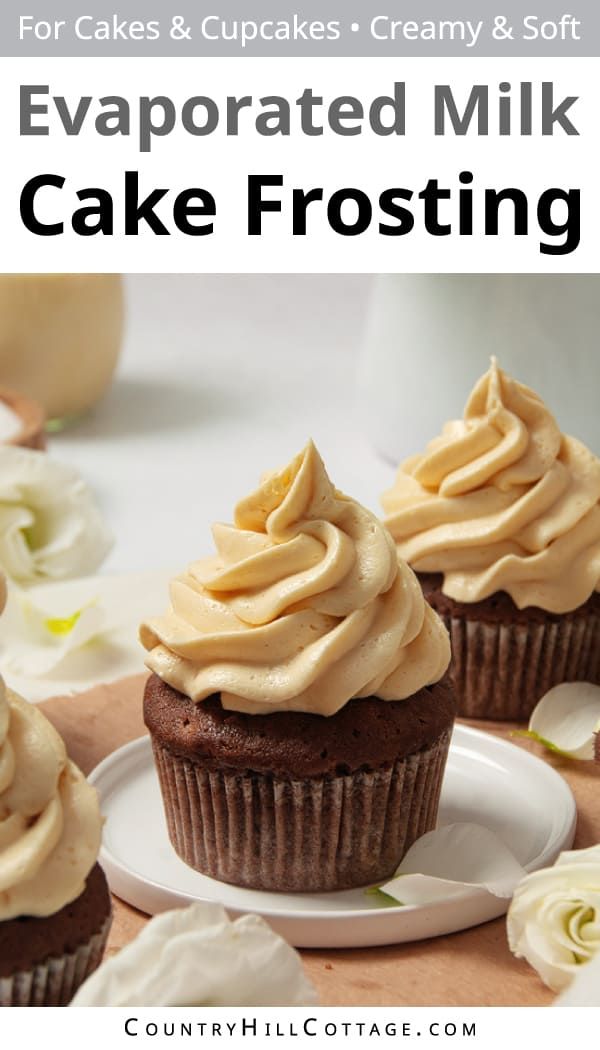 chocolate cupcakes with frosting on top and the title overlay reads evaporated milk cake frosting