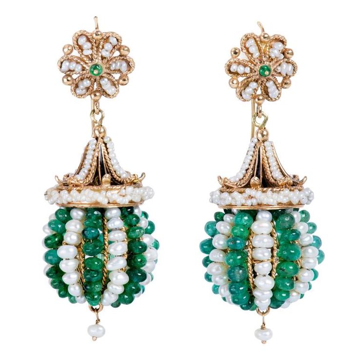 Italian Emerald Pearl Gold Bead Dangle Earrings 1 Bead Dangle Earrings, Italian Baroque, Diamond Dangle Earrings, Pearl Earrings Dangle, Beaded Dangle Earrings, Pearl Diamond, Beaded Dangles, Baroque Pearls, Gold Beads