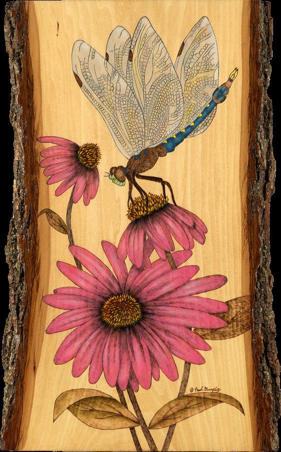 a painting of a dragonfly sitting on top of a pink flower next to a wooden frame