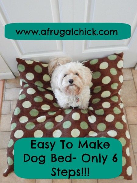 a small white dog sitting on top of a brown polka dot bed with the words easy to make dog bed only 6 steps