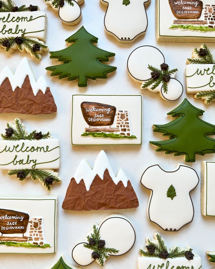 decorated cookies are displayed on a table