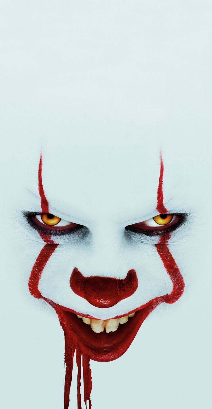 an evil clown with blood dripping from his mouth and eyes, on a white background