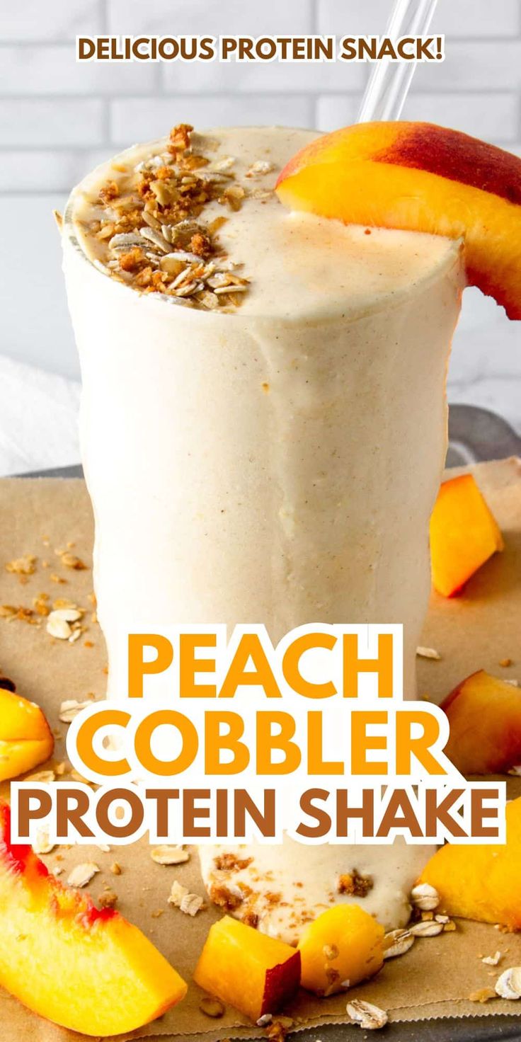 A high-protein twist on the classic summer dessert, this peach cobbler protein shake is a quick & delicious gluten-free protein smoothie. Makes a great high protein breakfast or snack! Smoothies Using Protein Powder, Delicious Protein Smoothies, Bulk Up Smoothies, Oatmeal Protein Shake Recipes, Healthy Pumpkin Protein Shake, Protein Shake Recipes Breakfast, Green Protein Shake Recipes, Protein Shake No Blender, The Best Protein Shakes