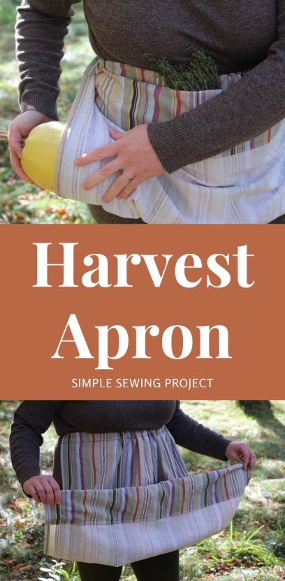 a woman is holding an apron in her hands and the words harvest apron on it