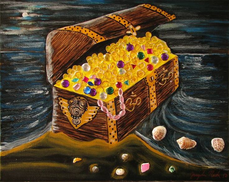 an oil painting of a chest with gold coins and jewels on the bottom, surrounded by seashells