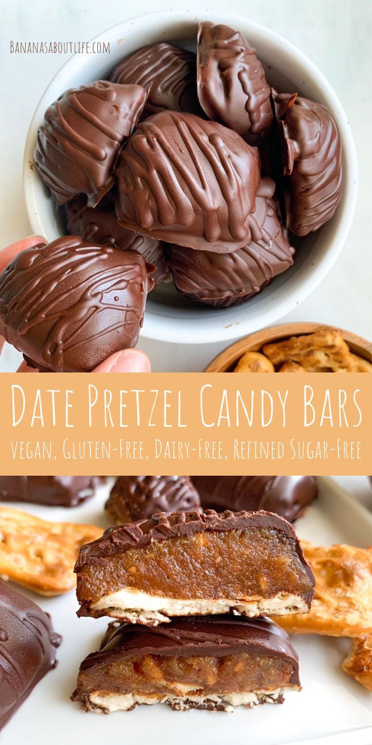 chocolate pretzel candy bars with text overlay that says date pretzel candy bars