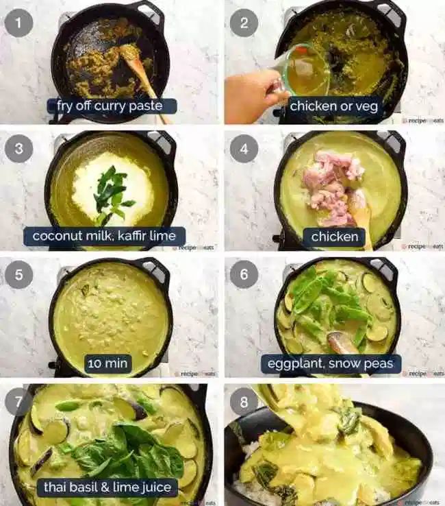 the steps to make green curry in a skillet with instructions on how to cook it