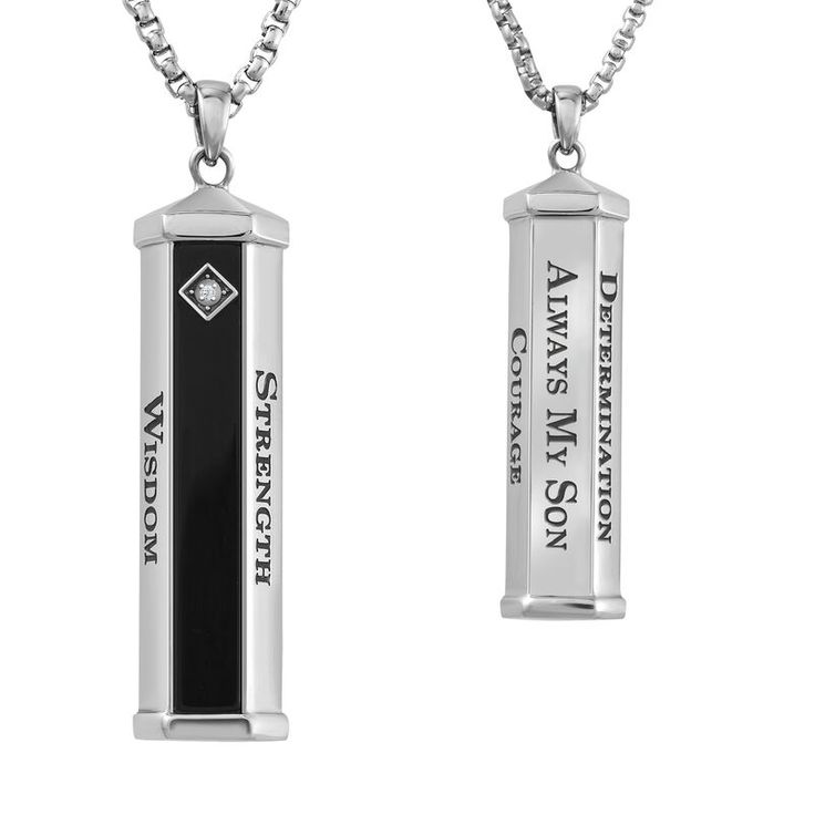 You know if your son believes in himself, he can move mountains.A handsome stainless steel necklace featuring striking jet black onyx — a stone that represents strength, protection and stamina — and accented with an eye-catching genuine diamond.This unique vertical bar pendant features an octagonal prism design with strong edge lines, creating a bold yet classic look your son will love to wear every day.The inspirational words STRENGTH, COURAGE, DETERMINATION and WISDOM are artistically engraved Black Stainless Steel Jewelry With Engraving Option, Black Sterling Silver Jewelry For Father's Day, Black Jewelry With Engraving Option For Father's Day, Black Stainless Steel Jewelry For Memorial, Black Spiritual Jewelry For Father's Day, Spiritual Black Jewelry For Father's Day, Personalized Black Spiritual Necklaces, Personalized Black Jewelry For Memorial, Personalized Spiritual Black Necklaces