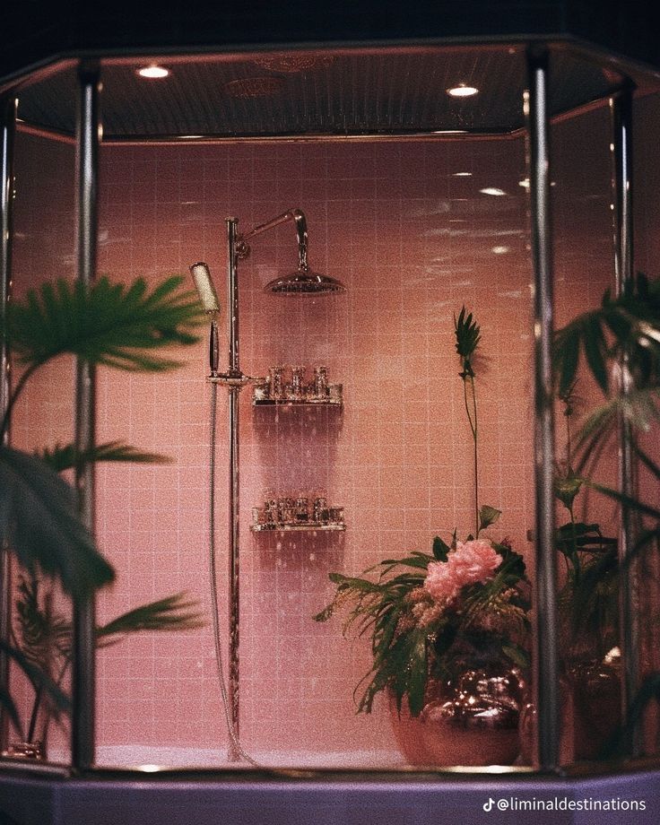 a pink tiled shower with plants in the corner