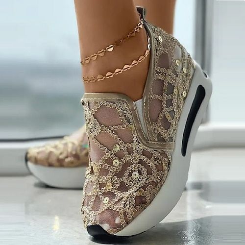 Category:Sneakers; Upper Materials:Mesh; Embellishment:Sequin; Season:Spring,Summer; Heel Type:Wedge Heel; Gender:Women's; Activity:Walking; Toe Shape:Round Toe; Style:Casual,Minimalism; Heel Height(inch):1-2; Outsole Materials:Rubber; Occasion:Daily,Outdoor; Closure Type:Loafer; Pattern:Solid Color; Listing Date:05/29/2023; Production mode:External procurement; 2024 Trends:Plus Size,Height Increasing Shoes,Slip-on Sneakers; Foot Length:; Foot Width:; SizeChart1_ID:2:184043; Size chart date source:Provided by Supplier. Sneakers Patterns, Slip On Espadrilles, Lace Heels, Round Toe Heels, Platform Sneakers, Design Floral, Casual Shoes Women, Slip On Sneakers, Low Heels