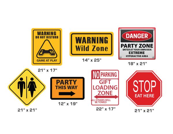 various warning signs and stickers on a white background