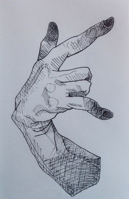 a drawing of a hand holding something in it's right hand and pointing at the viewer