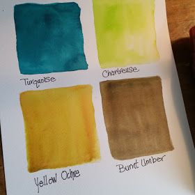 four different shades of watercolor on paper with the words turpple, chartreuse, yellow creme and burnt umber