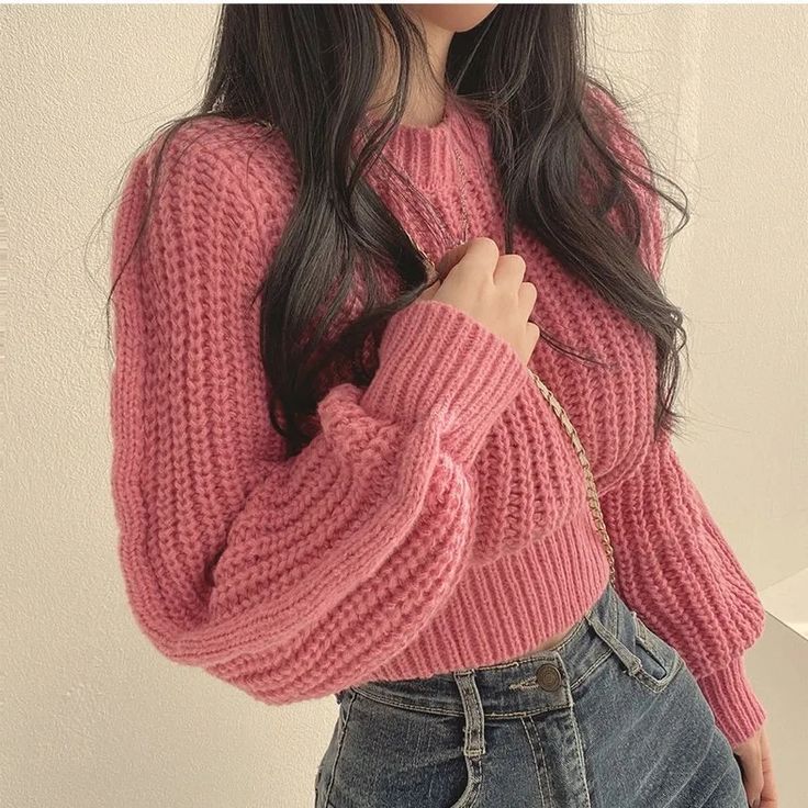 YesStyle rewards code: OLIVIASOJO | afilliate code, links | Puff Sleeve Plain Crop Sweater Loose Knitwear, Lantern Sleeve Sweater, Winter Knitwear, Pull Rose, Clothes Korean Style, Cardigan Casual, Cropped Knit Sweater, Women Sweaters Winter, Cropped Pullover