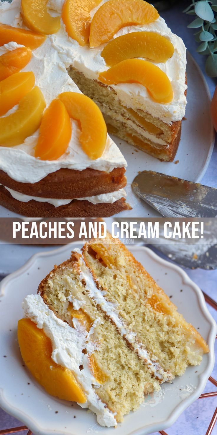 there is a piece of cake that has peaches and cream on it with the words peaches and cream cake