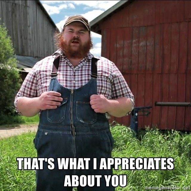 a man standing in front of a red barn wearing overalls and suspenders with the caption that says, letterkenny that's what i appreciates about ya