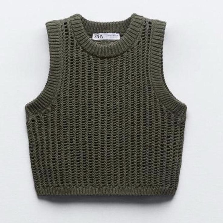 Zara Olive Green Knitted Top! Brand New With Tags Trendy Textured Knit Sweater Vest For Summer, Spring Open Knit Crew Neck Sweater Vest, Spring Crew Neck Open Knit Sweater Vest, Casual Summer Chunky Knit Tops, Crew Neck Open Knit Sweater Vest For Spring, Spring Chic Chunky Knit Top, Chic Chunky Knit Top For Spring, Trendy Chunky Knit Tops For Spring, Casual Chunky Knit Stretch Top