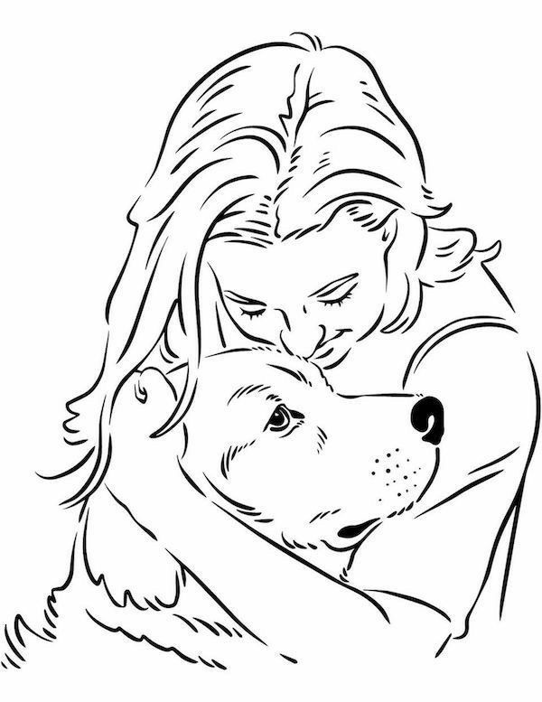 a woman hugging her dog with the head of another dog in front of her, black and white