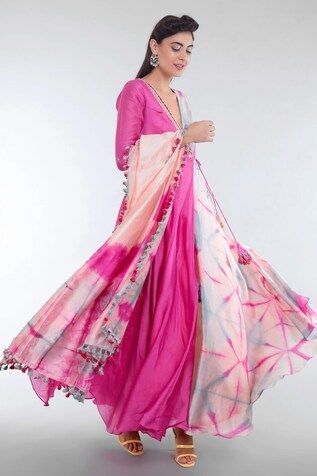 Pink angarkha kurta with tie-dye patterns, side tie-up and placement embroidery using thread, tikki work. Paired with a pant and stole with tie-dye pattern. - Aza Fashions Angarkha Kurta, Placement Embroidery, Dye Patterns, Women Kurta, Tie Dye Patterns, Set Women, Pant Set, Three Quarter Sleeves, Silk Ties