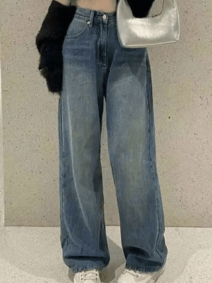 High Waist Washed Wide Leg Jeans Vintage Faded Wash Straight Leg Boyfriend Jeans - AnotherChill Streetwear Korean, Alt Clothes, Clothing Aesthetic, Denim Decor, Straight Trousers, Jeans Material, Cargo Jeans, Denim Trousers, Vintage Streetwear