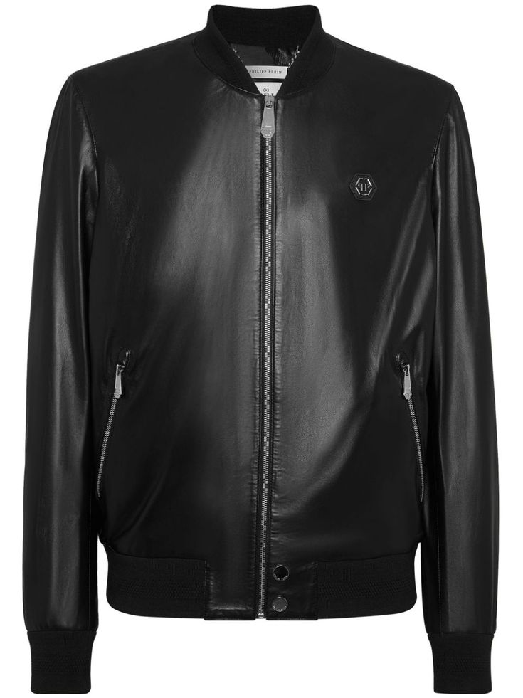 black leather appliqué logo stand-up collar front zip fastening side two-way zip fastening long sleeves straight hem Luxury Black Leather Jacket With Zip Cuffs, Designer Leather Jacket With Zip Cuffs, Designer Leather Jacket With Zipper Closure, Luxury Leather Jacket With Zip Cuffs For Winter, Leather Biker Jacket With Ribbed Cuffs, Designer Black Biker Jacket With Zip Fly, Streetwear Leather Jacket With Zipper And Stand Collar, Black Business Leather Jacket With Zip Cuffs, Luxury Leather Outerwear With Zip Cuffs