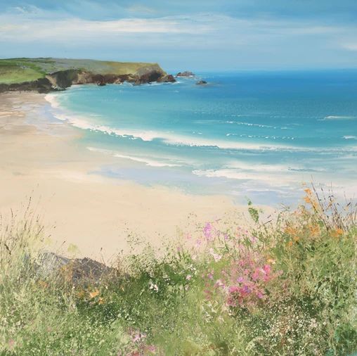 an oil painting of a beach with wildflowers and the ocean in the background