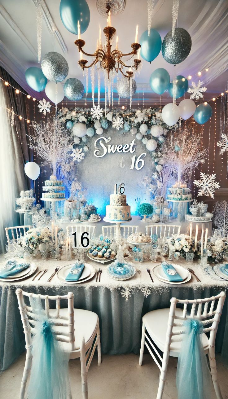 a table set up for a sweet 16 birthday party with snowflakes and balloons