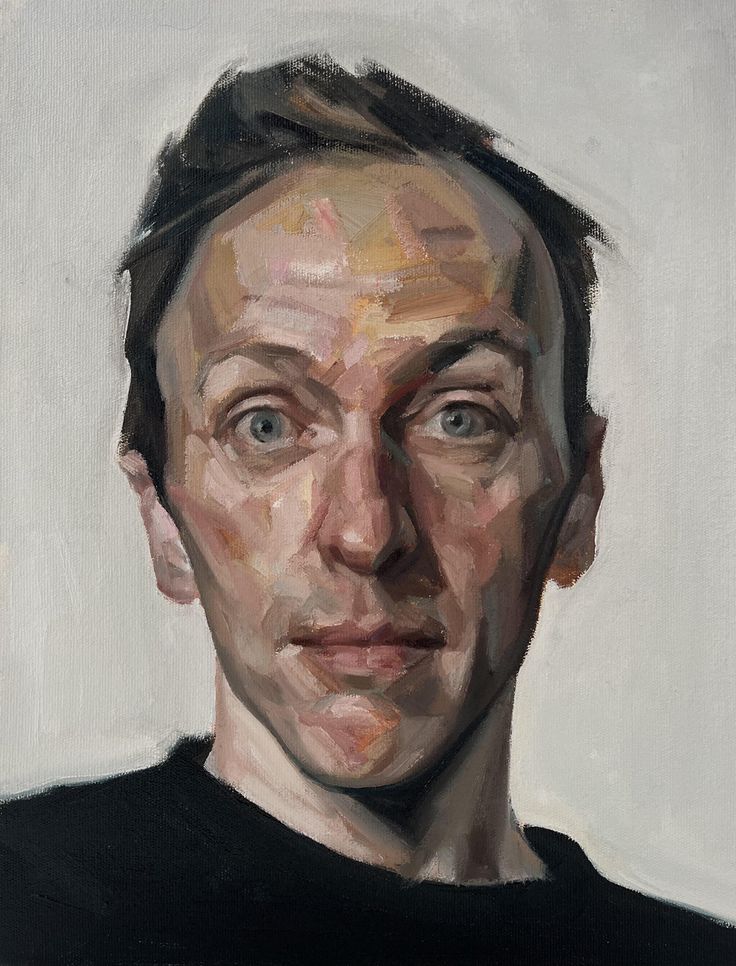 an oil painting of a man's face with brown hair and black shirt on