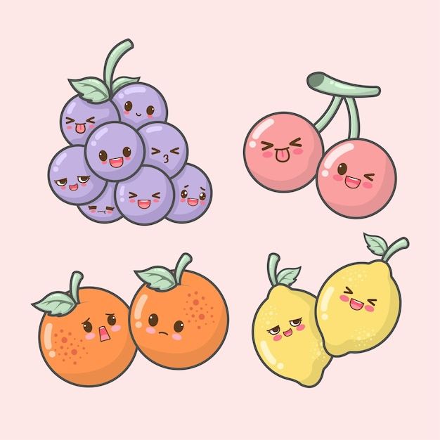 cartoon fruits with faces drawn on them