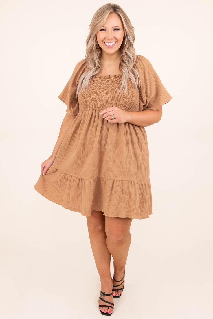 We love this amazing mocha dress! The brown color is so trendy right now and the square neck can be worn on or off the shoulder! The crepe fabric makes this perfect for spring weather so pair this with some fun heels and accessories for a fabulous look! 100% Cotton Mocha Dress, Fun Heels, Spring Weather, The Square, Model Fits, Crepe Fabric, Square Neck, Brown Color, Mocha