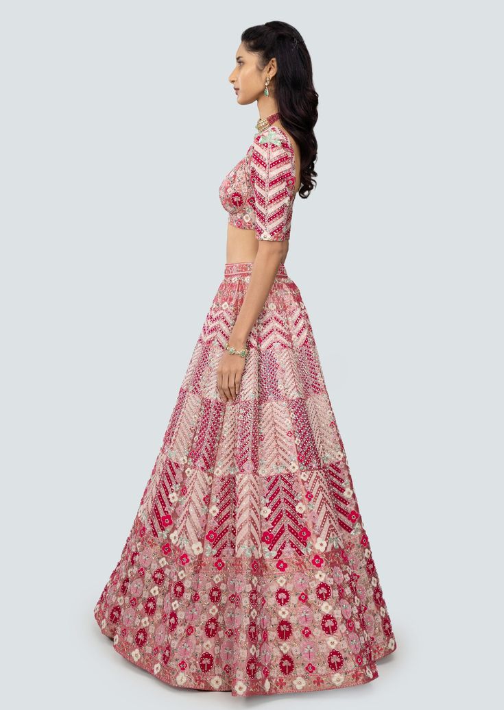 Cerise pink applique and embellished heavy kali mirror work tissue lehenga with broad lehenga border, blouse and broad border net dupatta. Pink Anarkali Choli With Cutdana, Pink Chanderi Choli, Designer Pink Lehenga With Cutdana, Designer Pink Lehenga With Cutdana Detail, Pink Kundan Anarkali Set With Cutdana, Pink Cutdana Sets For Navratri, Floor-length Pink Choli With Cutdana, Festive Pink Lehenga With Cutdana Detail, Festive Pink Lehenga With Cutdana