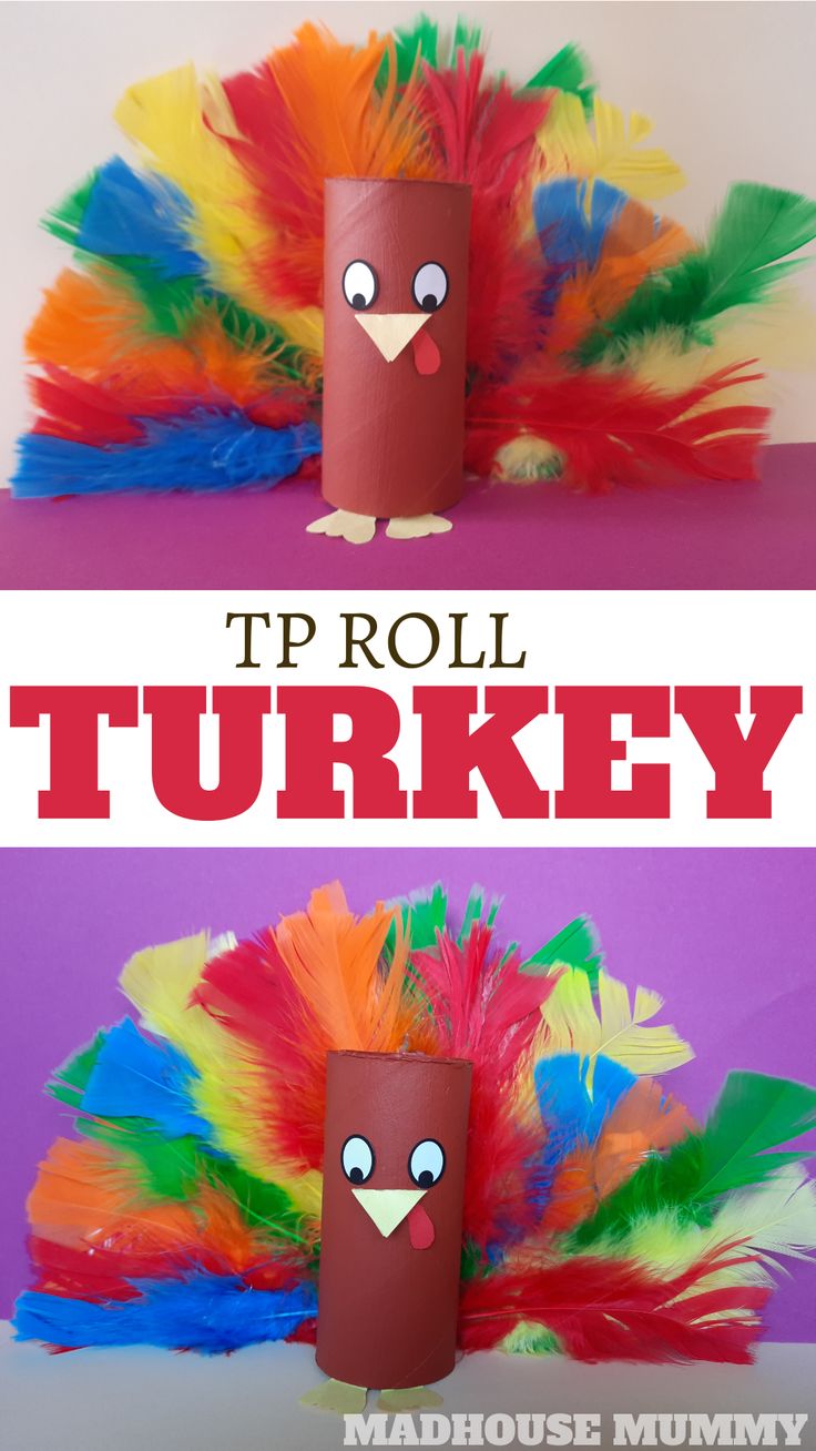 a toilet roll turkey made out of colorful feathers and the words tp roll turkey on it