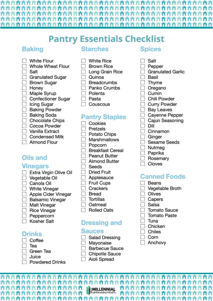 the pantry essentials checklist is shown in this blue and white printable list