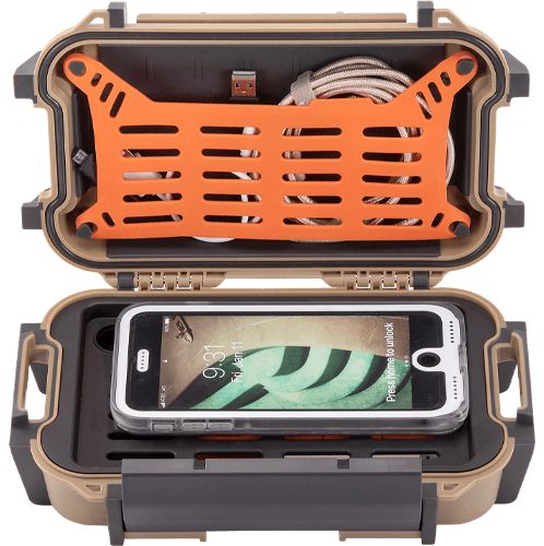 an orange and black case holding a cell phone in it's side open compartment