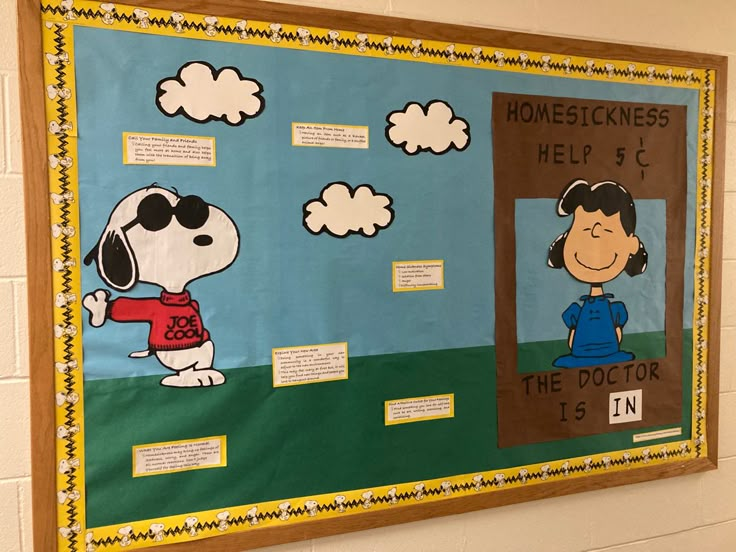 a bulletin board with snoopy and the doctor is in it's place on the wall